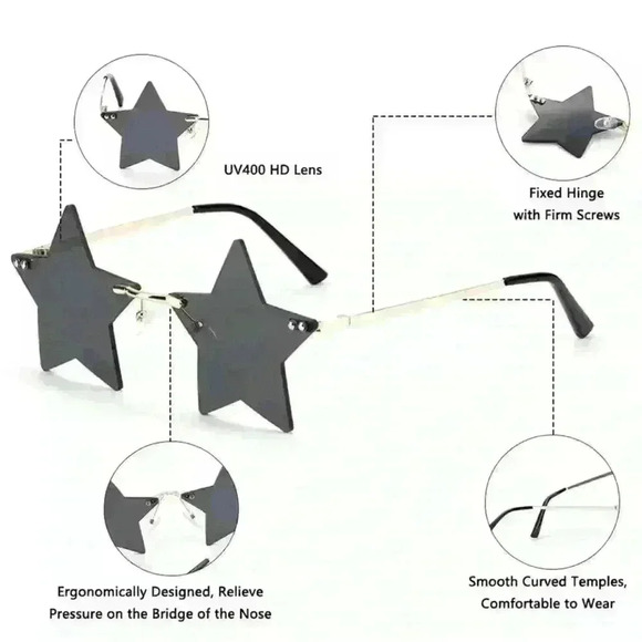 Geometric Rimless Star Sunglasses Black Gold Fun Festival Party EDM New Year’s - Picture 7 of 9